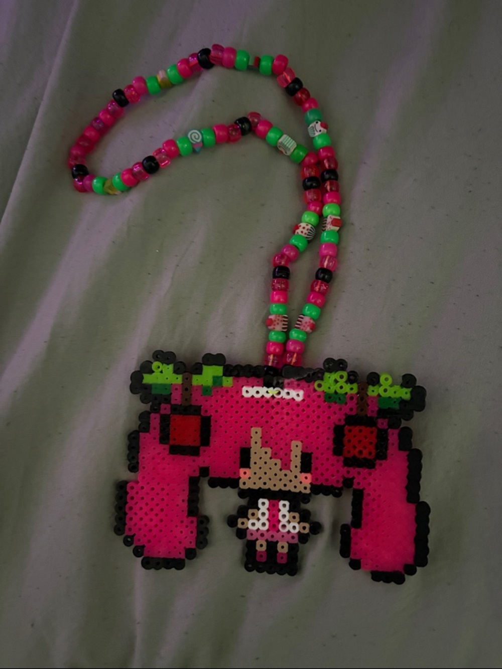 Strawberry Miku peerler bead necklace~handmade